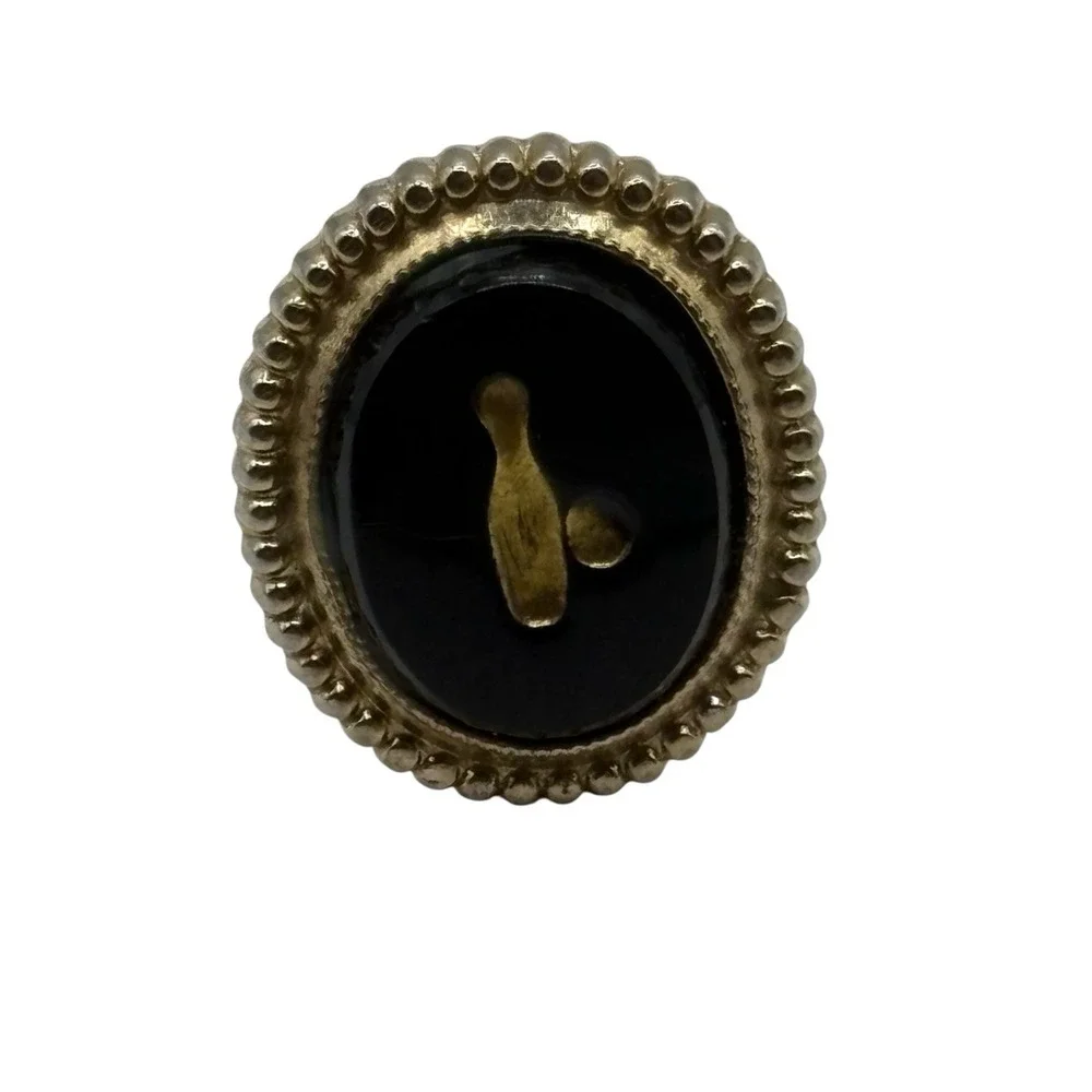 VTG Bowling Pin Tie‎ Tack Black Gold Tone Metal Necktie Pin Oval Mini Textured